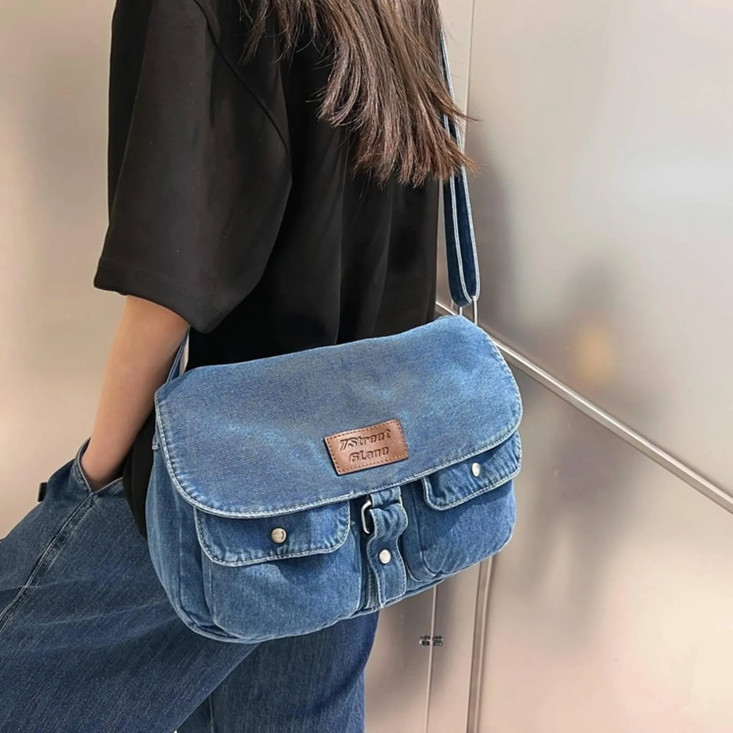 Denim Crossbody Bags for Women Men, Messenger Bag Y2K Denim Tote Bag, Blue Jean Hobo Shoulder Bag for Travel Work