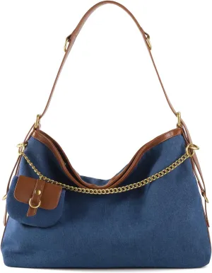Denim Handbags for Women Jean Purse with Multiple Pockets Denim Blue Pocketbooks Tote Hobos Crossbody Bags