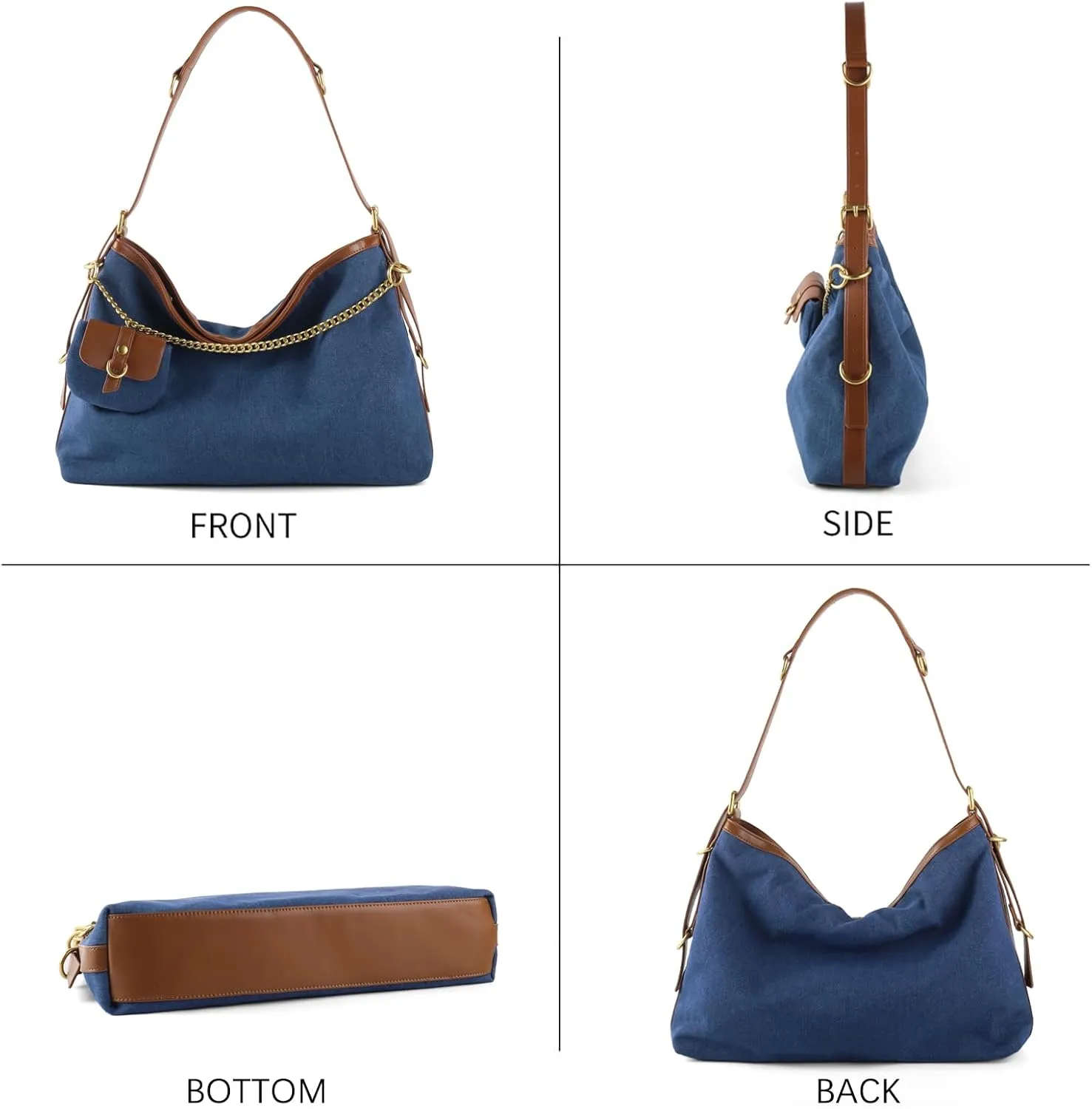 Denim Handbags for Women Jean Purse with Multiple Pockets Denim Blue Pocketbooks Tote Hobos Crossbody Bags