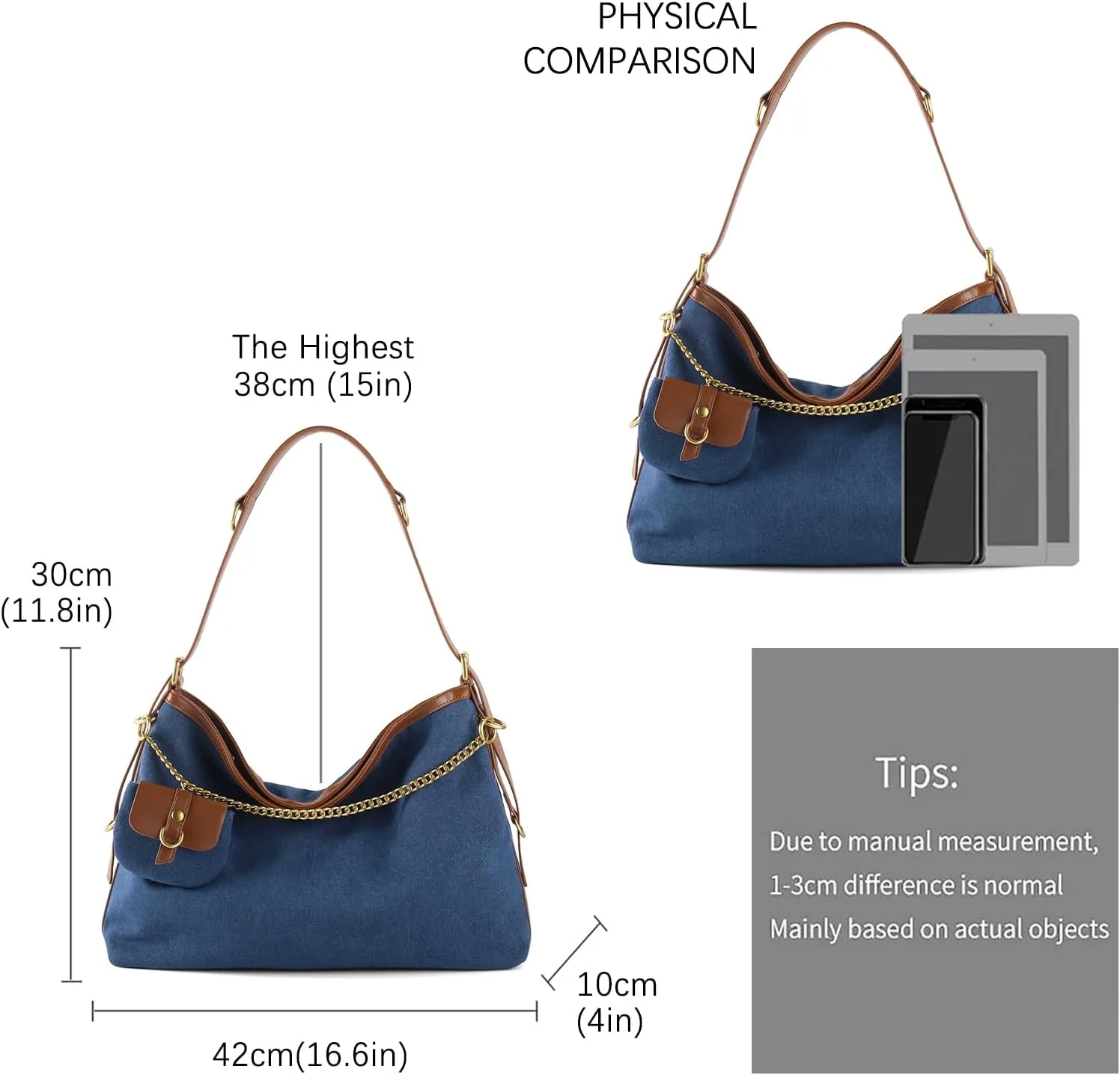 Denim Handbags for Women Jean Purse with Multiple Pockets Denim Blue Pocketbooks Tote Hobos Crossbody Bags