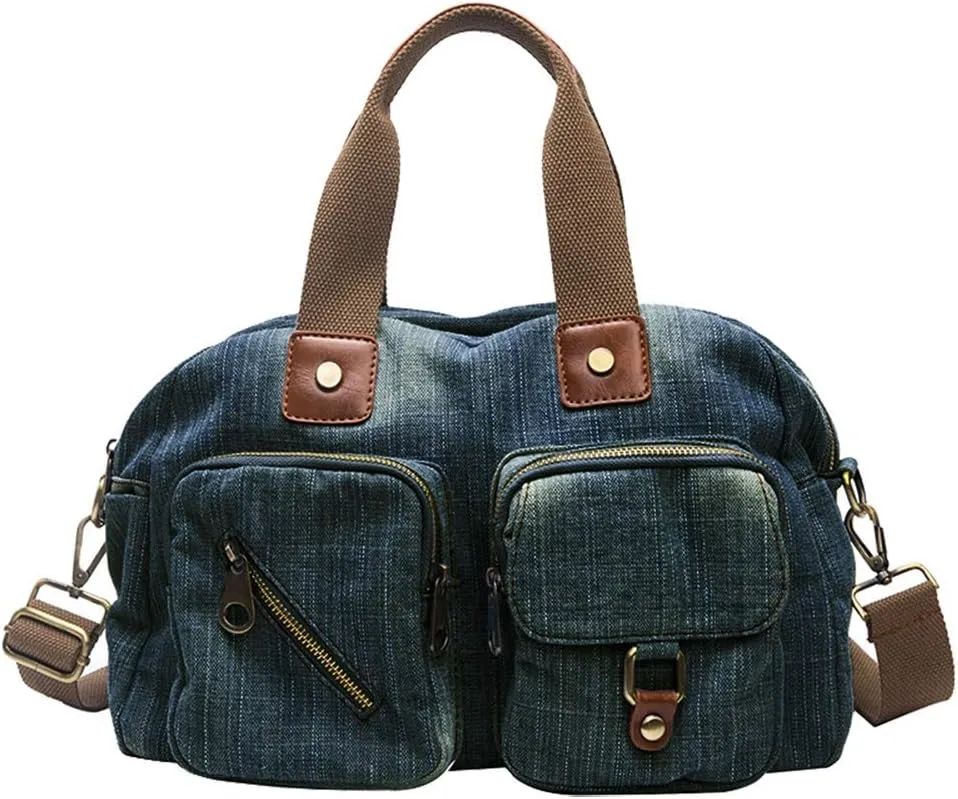 Denim Handbags for Women Jean Purse with Multiple Pockets Denim Blue Pocketbooks Tote Hobos Crossbody Bags
