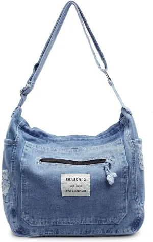Denim Hobo Shoulder Bag for Women Light Blue Jean Fabric Casual Crossbody Purse
