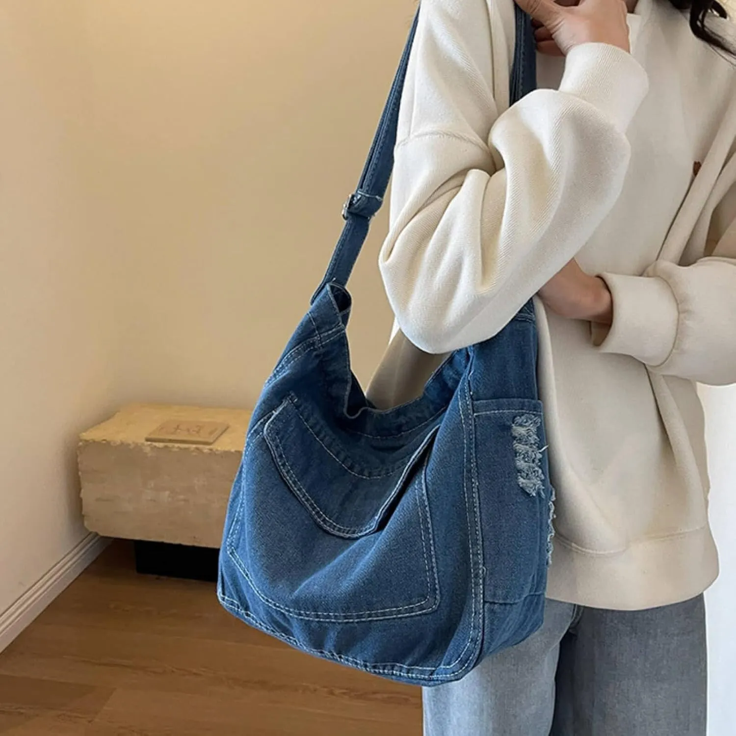 Denim Messenger Bag 2025, Denim Aesthetic Crossbody Shoulder Bags for Women Men, Retro Jean Tote Hobo Bag Handbag