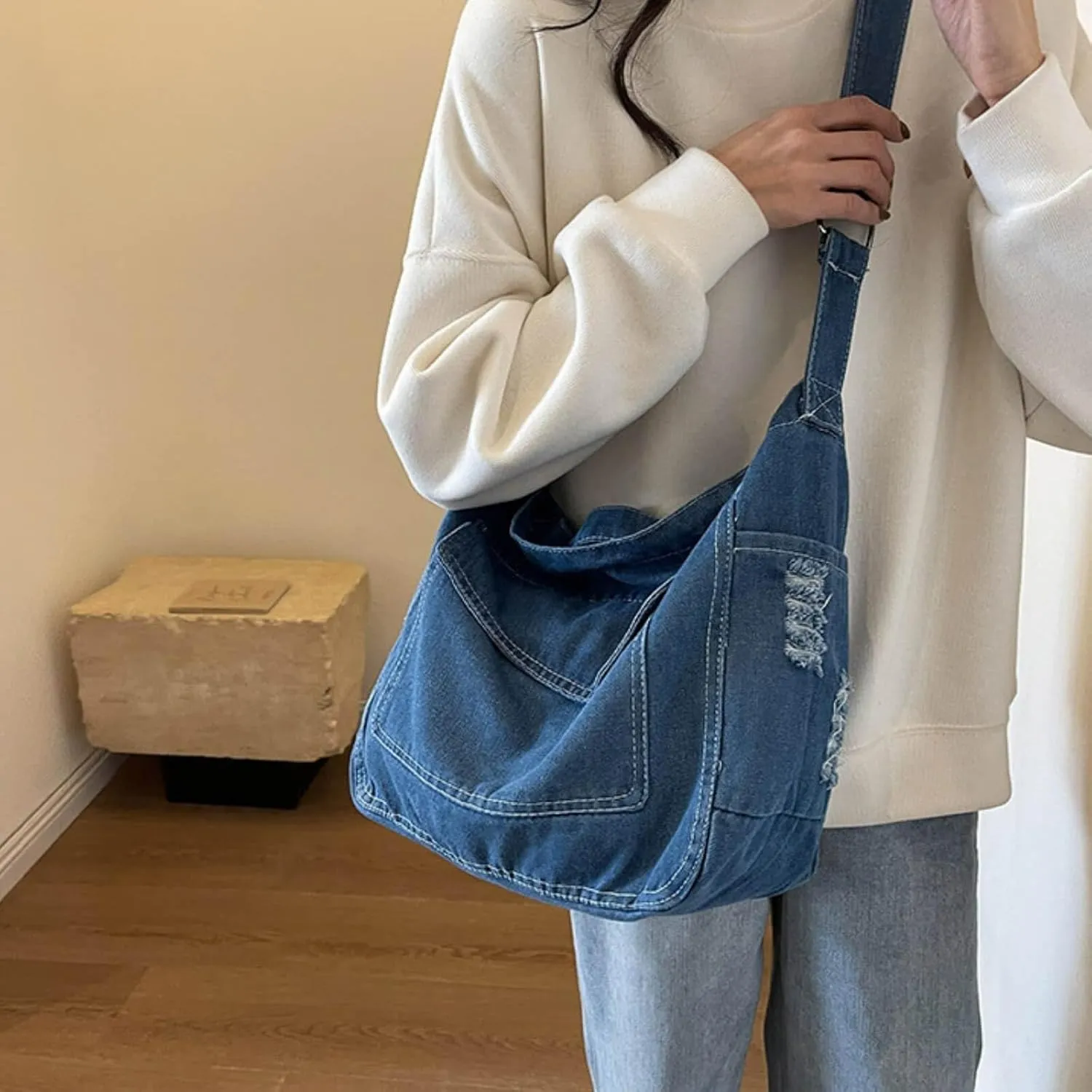 Denim Messenger Bag 2025, Denim Aesthetic Crossbody Shoulder Bags for Women Men, Retro Jean Tote Hobo Bag Handbag