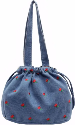 Denim Shoulder Bag with Floral Embroidery for Women, Blue Jean Casual Purse Tote Handbag