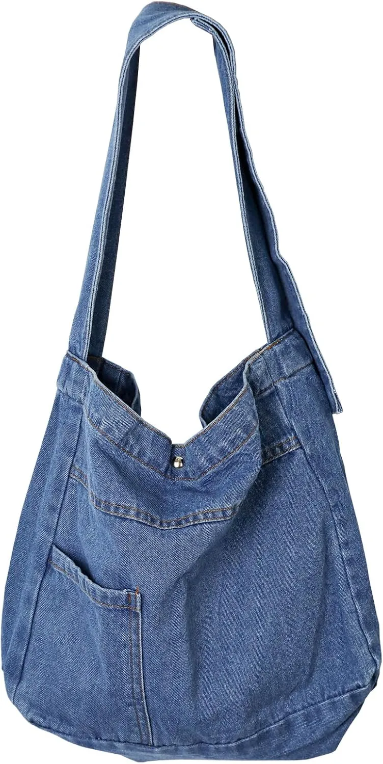 Denim Shoulder Bag - Women's Retro Large Canvas Crossbody Tote Bag, Casual Style Lightweight