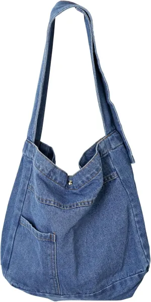 Denim Shoulder Bag - Women's Retro Large Canvas Crossbody Tote Bag, Casual Style Lightweight
