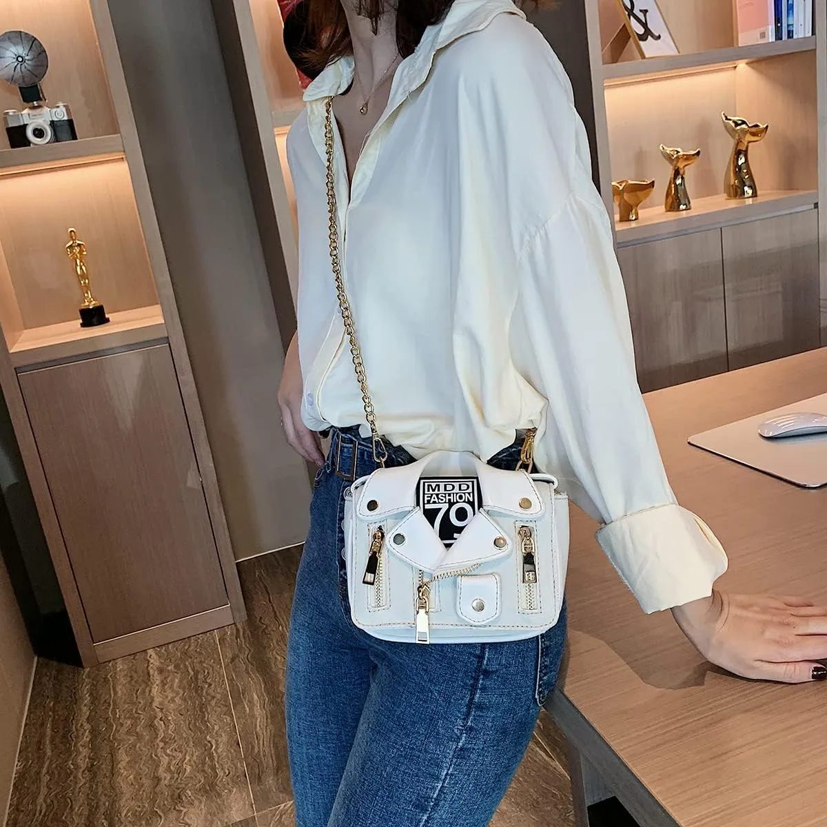 Denim Women Motorcycle Shoulder Crossbody Bags Chain Jacket Bags Messenger Bag Leather Handbags for Girls Purse