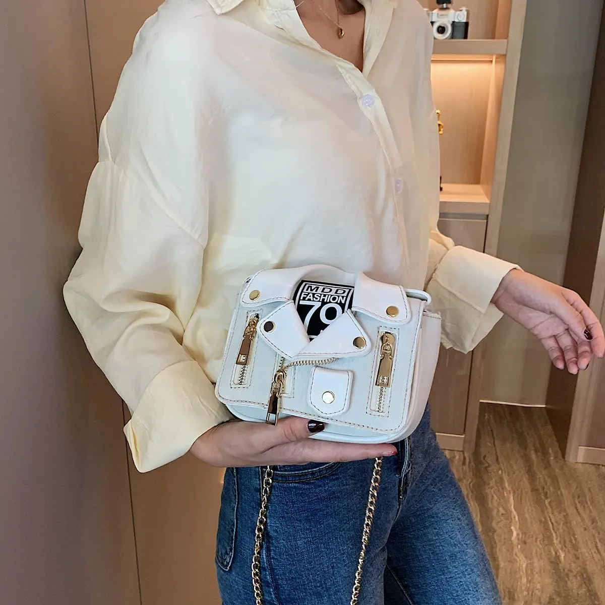 Denim Women Motorcycle Shoulder Crossbody Bags Chain Jacket Bags Messenger Bag Leather Handbags for Girls Purse
