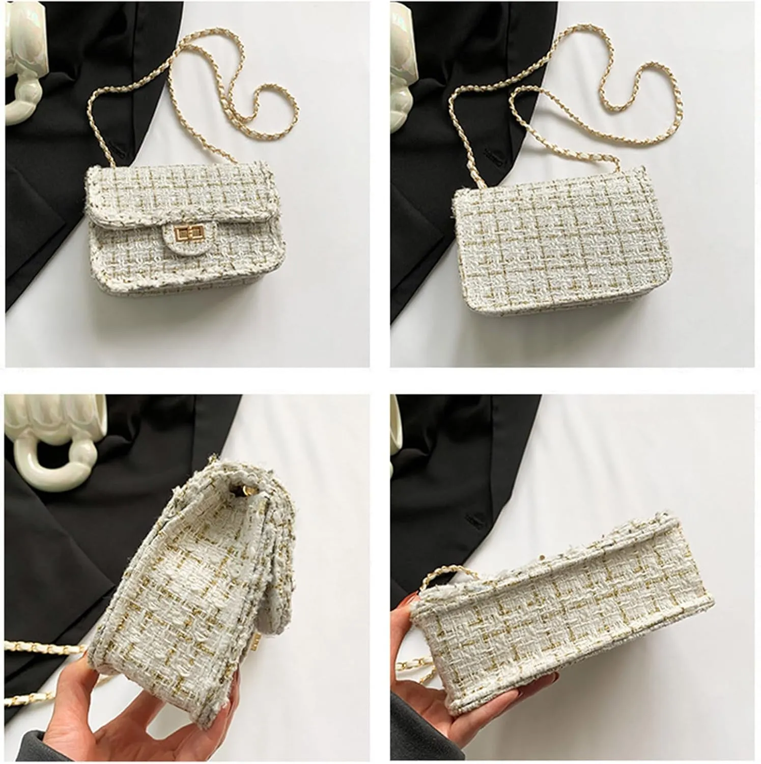 Designer Shoulder Bag for Women Trendy Mini Clutch Evening Bags Quilted Chain Cross body Bag, Tweed Purses for Women