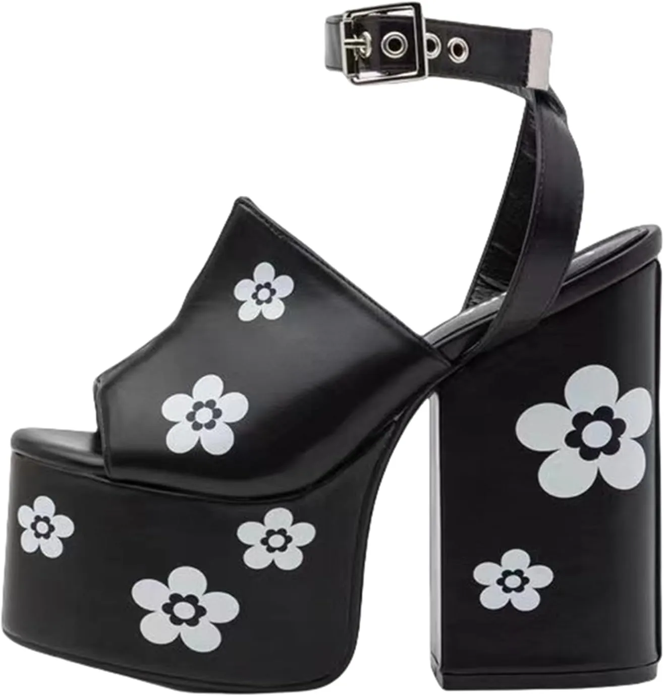 DETOGNI Women's Block High Heel Square Toe Ankle Strap Vegan Sandals Flower Printing Platform Sole Square Shaped Buckles Shoes