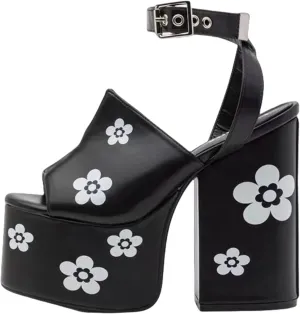 DETOGNI Women's Block High Heel Square Toe Ankle Strap Vegan Sandals Flower Printing Platform Sole Square Shaped Buckles Shoes