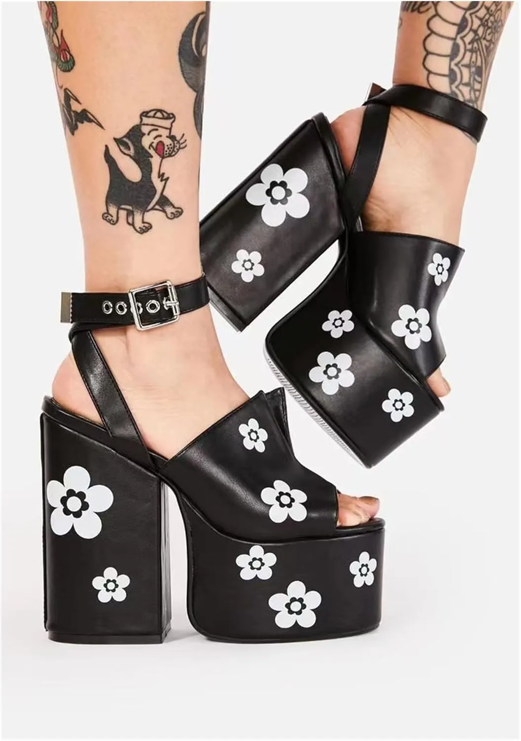 DETOGNI Women's Block High Heel Square Toe Ankle Strap Vegan Sandals Flower Printing Platform Sole Square Shaped Buckles Shoes