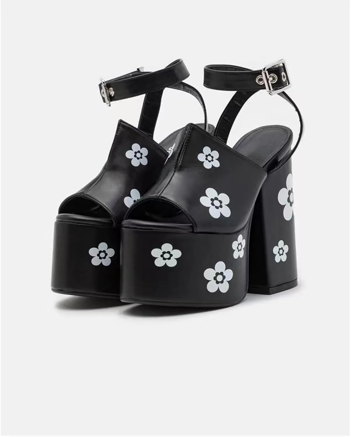 DETOGNI Women's Block High Heel Square Toe Ankle Strap Vegan Sandals Flower Printing Platform Sole Square Shaped Buckles Shoes