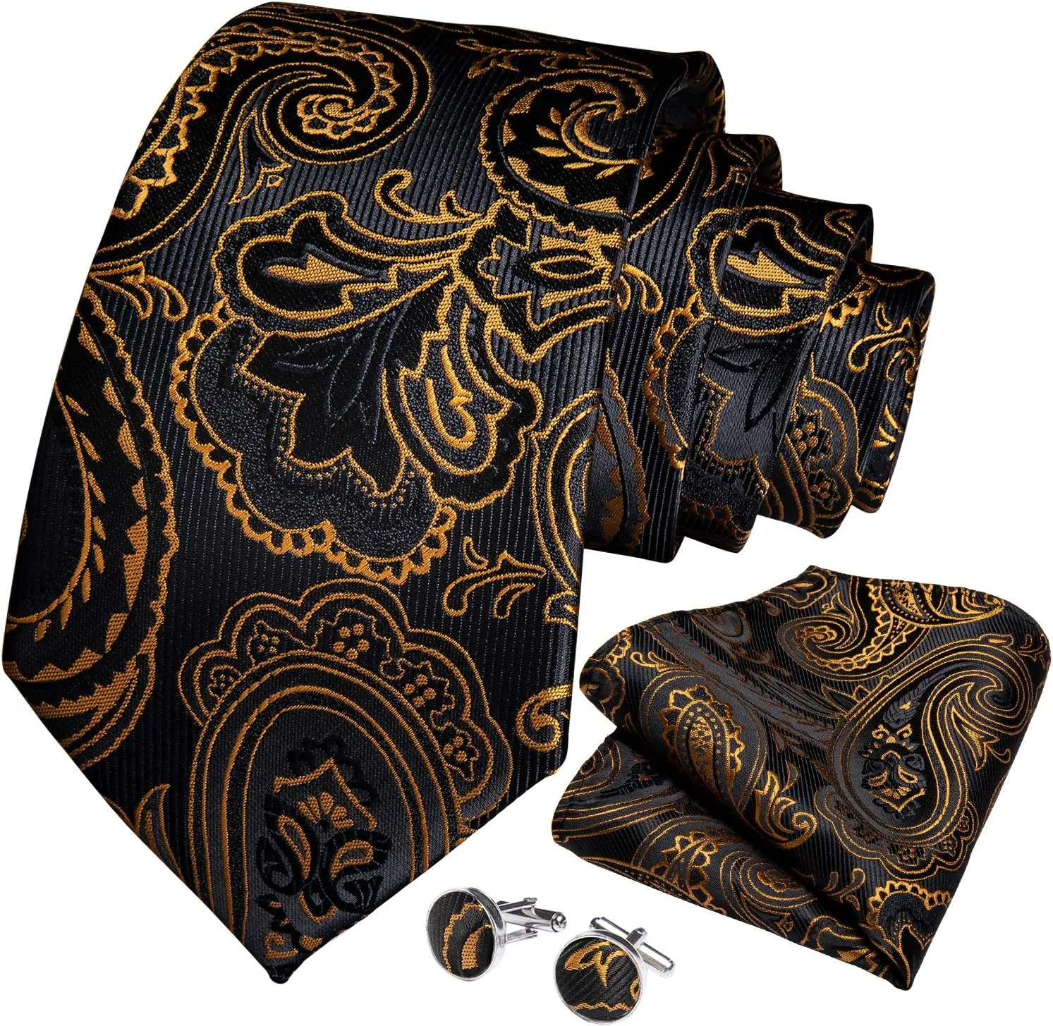 DiBanGu Mens Tie Set Silk Solid Paisley Necktie and Pocket Square Cufflinks Classic Formal Ties for Men Wedding Party