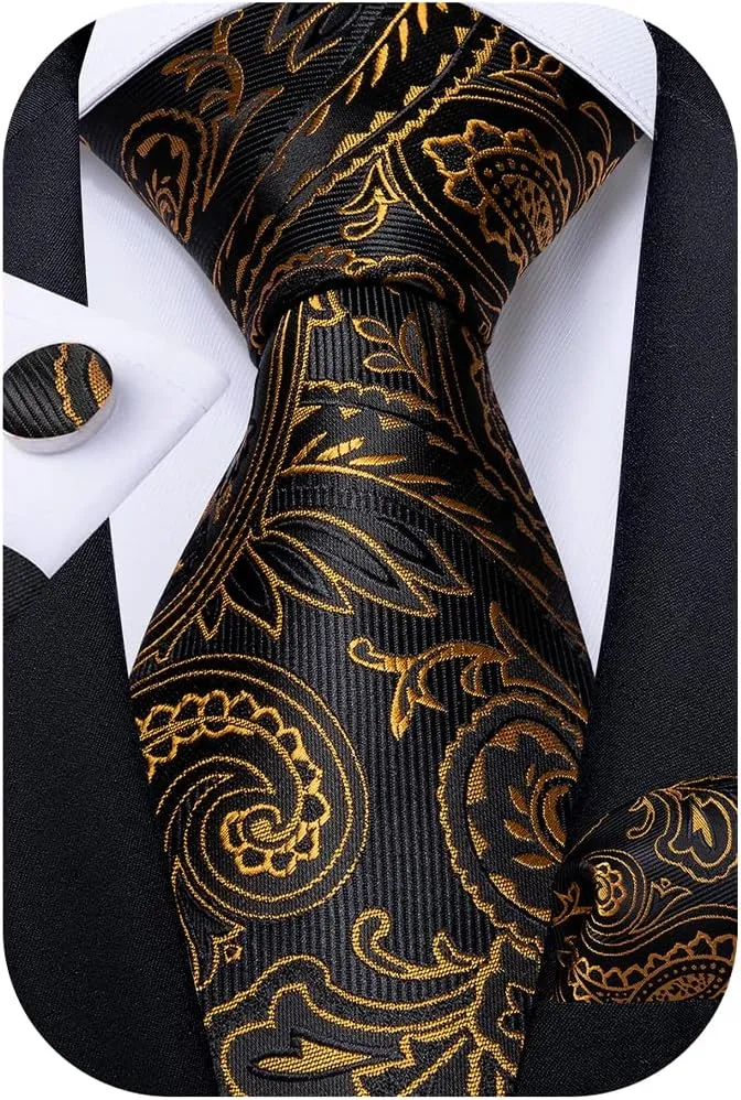 DiBanGu Mens Tie Set Silk Solid Paisley Necktie and Pocket Square Cufflinks Classic Formal Ties for Men Wedding Party