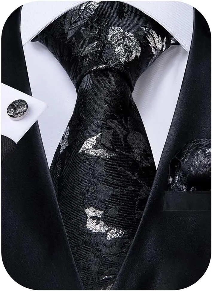 DiBanGu Mens Tie Set Silk Solid Paisley Necktie and Pocket Square Cufflinks Classic Formal Ties for Men Wedding Party