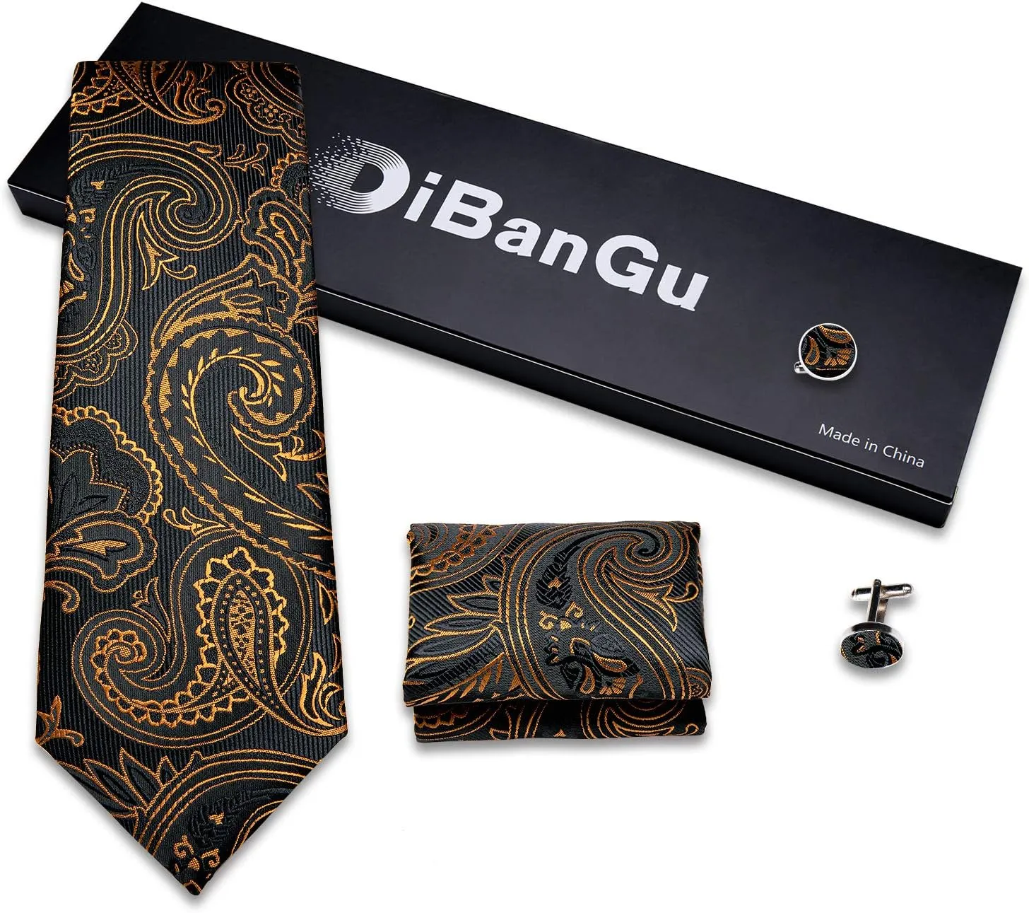 DiBanGu Mens Tie Set Silk Solid Paisley Necktie and Pocket Square Cufflinks Classic Formal Ties for Men Wedding Party