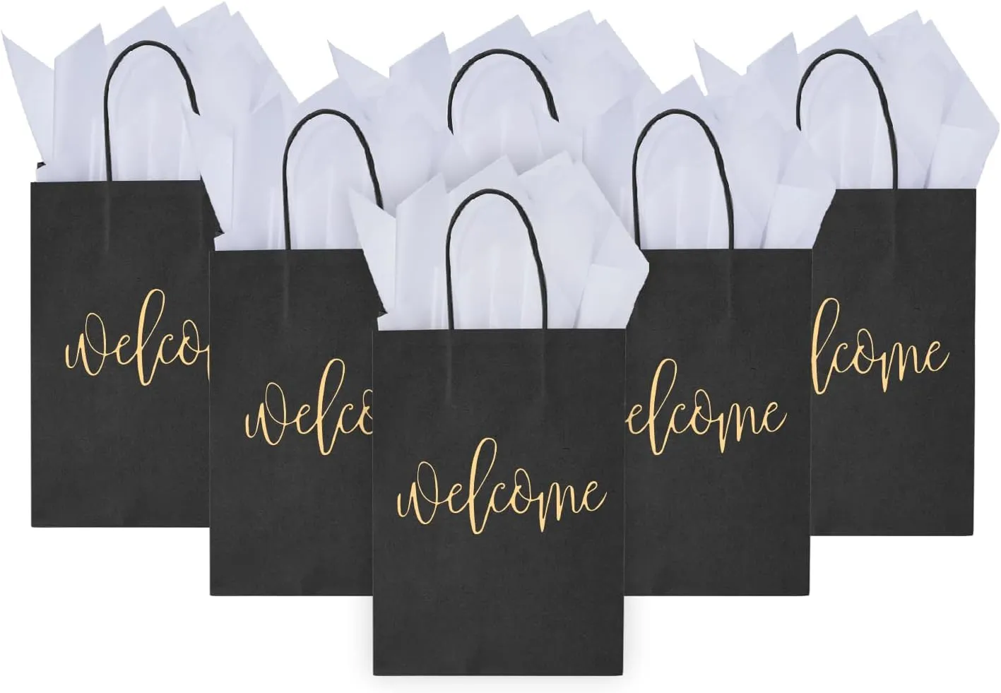 DjinnGlory 50 Pack Medium Black Welcome Paper Gift Bags with Handles and 50-Sheet White Tissue Paper for Wedding Hotel Guests Engagement Bridal Shower Birthday Party Favors (10''x8''x4'')