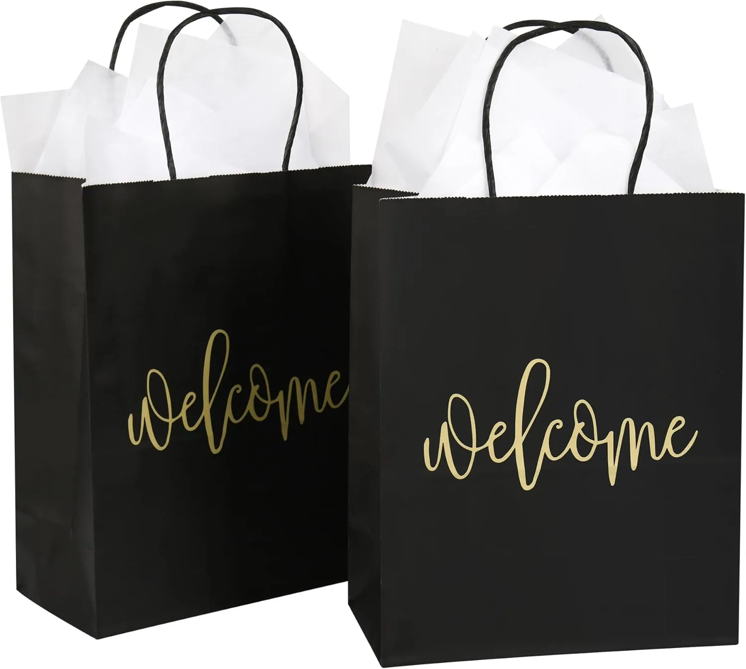 DjinnGlory 50 Pack Medium Black Welcome Paper Gift Bags with Handles and 50-Sheet White Tissue Paper for Wedding Hotel Guests Engagement Bridal Shower Birthday Party Favors (10''x8''x4'')