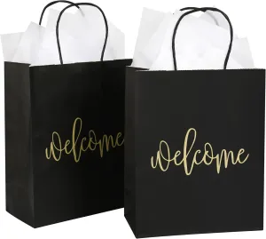 DjinnGlory 50 Pack Medium Black Welcome Paper Gift Bags with Handles and 50-Sheet White Tissue Paper for Wedding Hotel Guests Engagement Bridal Shower Birthday Party Favors (10''x8''x4'')