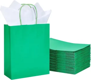 DjinnGlory 50 Pack Medium Size 10''x8''x4'' Green Paper Bags with Handles Bulk and 50 White Tissue Paper for Boutiques, Party Favors Treats Goodies, Christmas Gifts