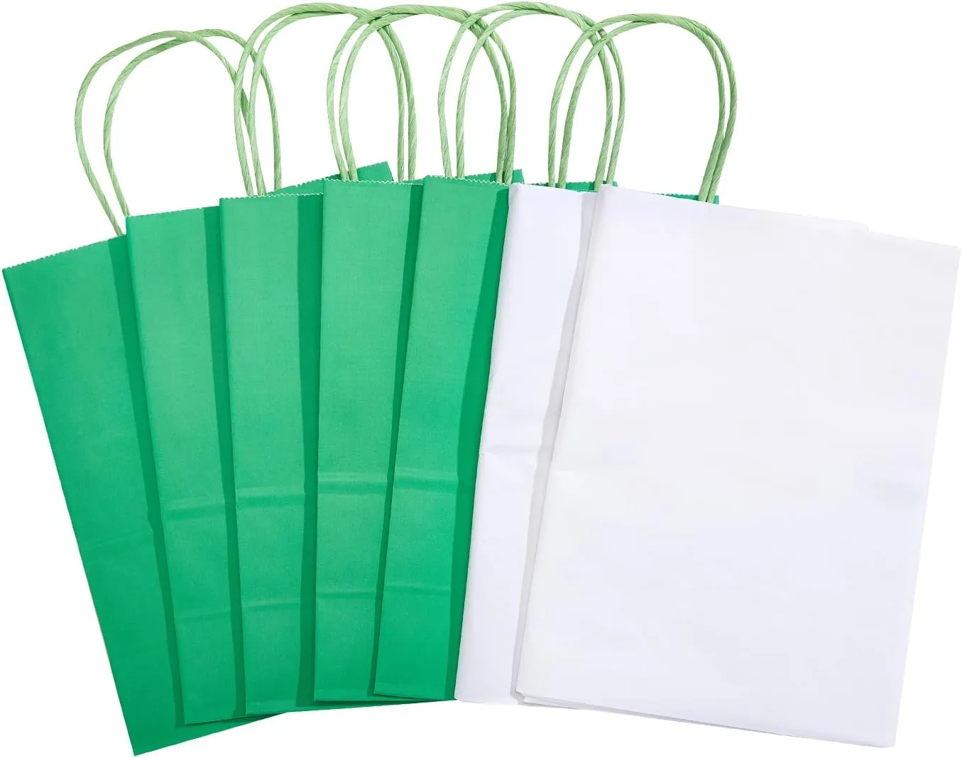 DjinnGlory 50 Pack Medium Size 10''x8''x4'' Green Paper Bags with Handles Bulk and 50 White Tissue Paper for Boutiques, Party Favors Treats Goodies, Christmas Gifts