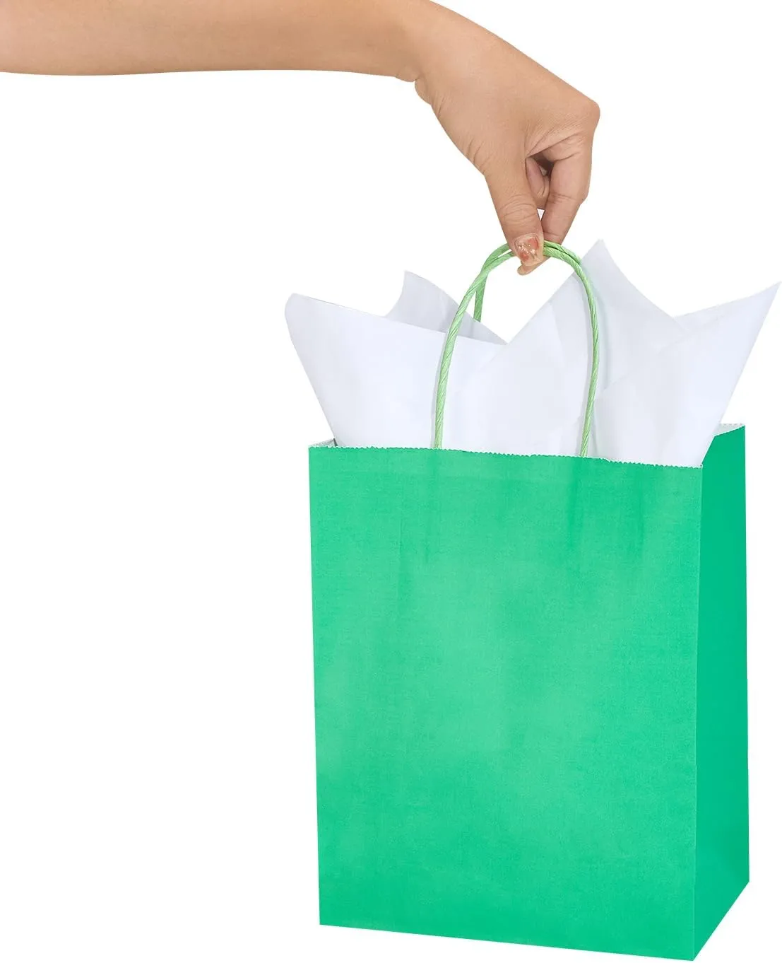 DjinnGlory 50 Pack Medium Size 10''x8''x4'' Green Paper Bags with Handles Bulk and 50 White Tissue Paper for Boutiques, Party Favors Treats Goodies, Christmas Gifts