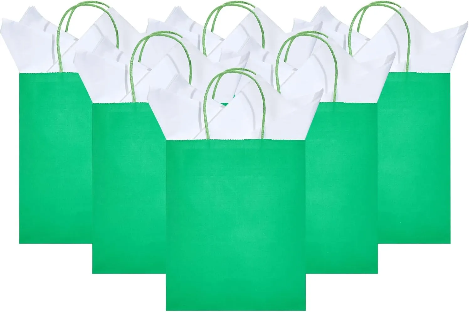DjinnGlory 50 Pack Medium Size 10''x8''x4'' Green Paper Bags with Handles Bulk and 50 White Tissue Paper for Boutiques, Party Favors Treats Goodies, Christmas Gifts