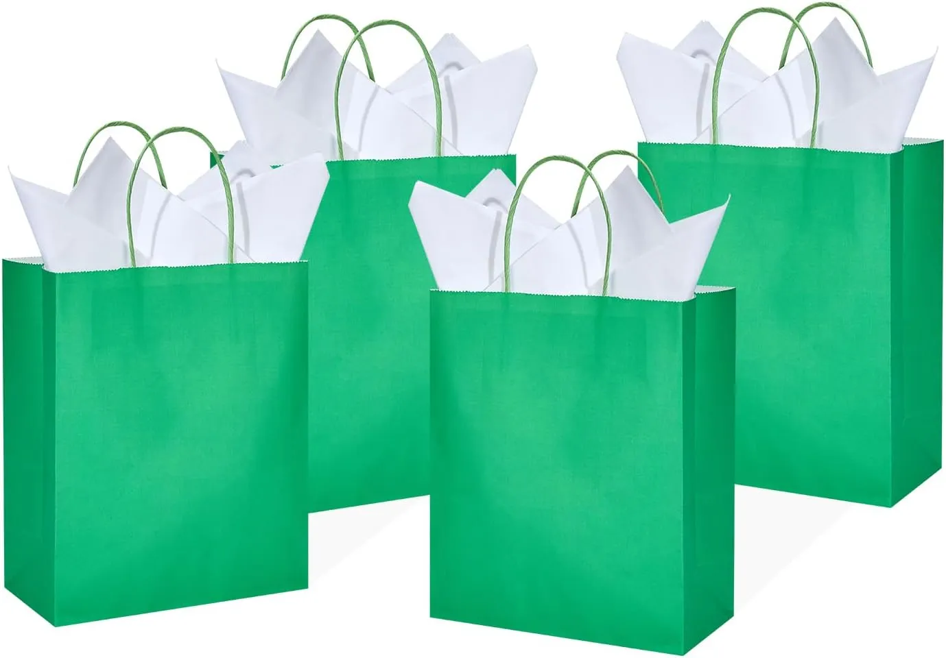 DjinnGlory 50 Pack Medium Size 10''x8''x4'' Green Paper Bags with Handles Bulk and 50 White Tissue Paper for Boutiques, Party Favors Treats Goodies, Christmas Gifts
