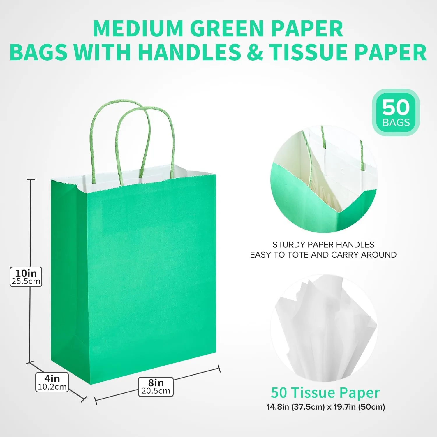 DjinnGlory 50 Pack Medium Size 10''x8''x4'' Green Paper Bags with Handles Bulk and 50 White Tissue Paper for Boutiques, Party Favors Treats Goodies, Christmas Gifts