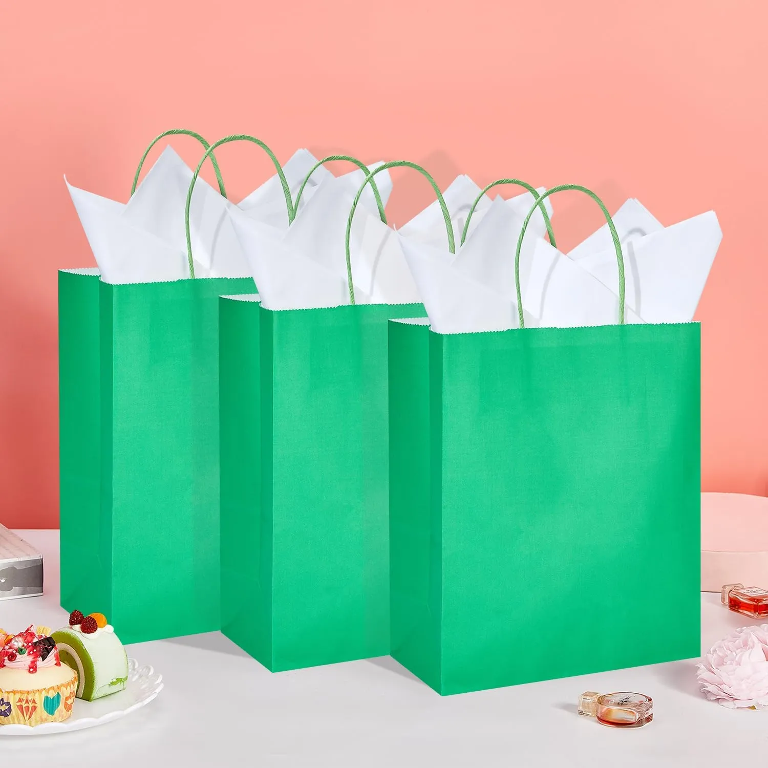 DjinnGlory 50 Pack Medium Size 10''x8''x4'' Green Paper Bags with Handles Bulk and 50 White Tissue Paper for Boutiques, Party Favors Treats Goodies, Christmas Gifts
