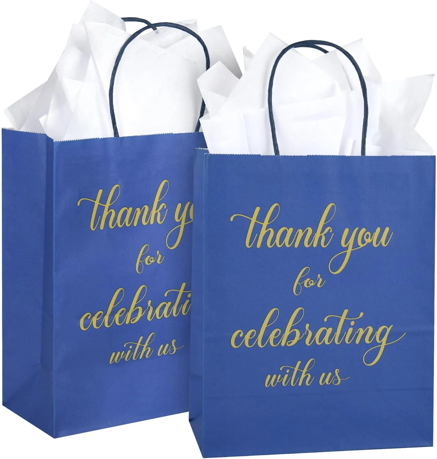DjinnGlory 50 Pack Medium-Sized Navy Blue Welcome Paper Gift Bags 10x8x4 Inch, Thank You for Celebrating with Us Bags with White Tissue Paper for Wedding, Bridal Shower Parties