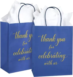 DjinnGlory 50 Pack Medium-Sized Navy Blue Welcome Paper Gift Bags 10x8x4 Inch, Thank You for Celebrating with Us Bags with White Tissue Paper for Wedding, Bridal Shower Parties