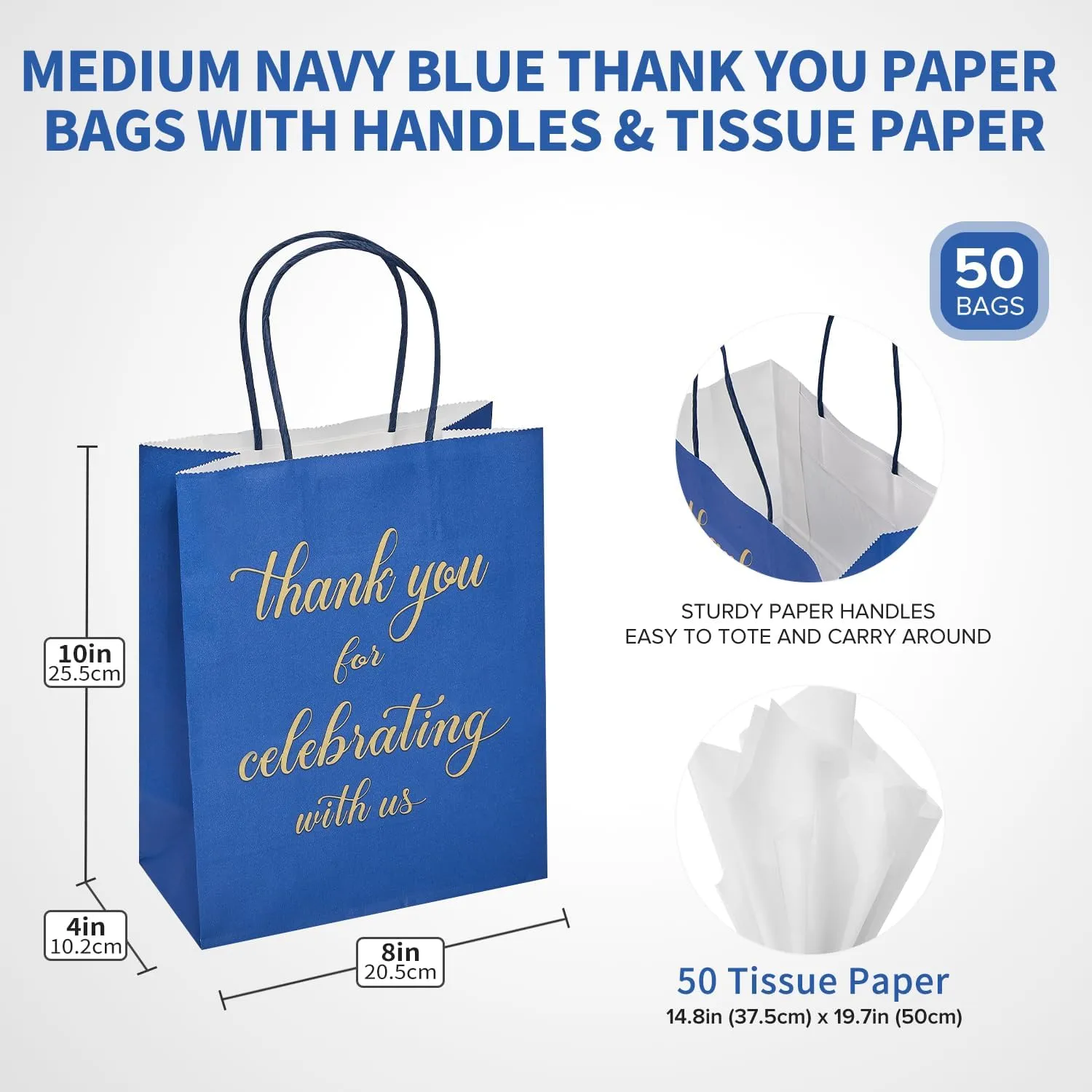 DjinnGlory 50 Pack Medium-Sized Navy Blue Welcome Paper Gift Bags 10x8x4 Inch, Thank You for Celebrating with Us Bags with White Tissue Paper for Wedding, Bridal Shower Parties