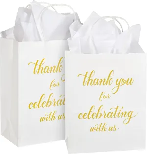 DjinnGlory 50 Pack Medium Sized White Paper Gift Bags with Tissue Paper 10x8x4 Inch, Thank You for Celebrating with Us Bags with Handles for Wedding Welcome Bridal Shower Party Favors Goodies