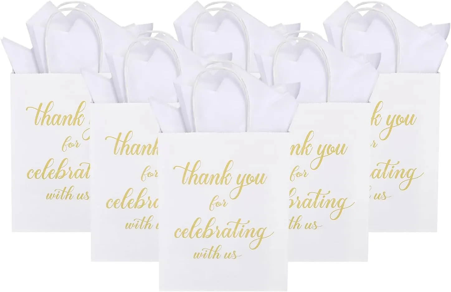 DjinnGlory 50 Pack Medium Sized White Paper Gift Bags with Tissue Paper 10x8x4 Inch, Thank You for Celebrating with Us Bags with Handles for Wedding Welcome Bridal Shower Party Favors Goodies