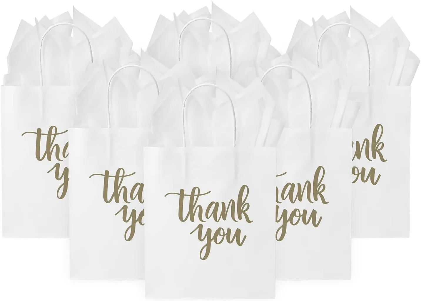 DjinnGlory 50 Pack Medium White Kraft Bags With Tissue Paper, Thank You Gift Bags With Handles 10x8x4 Inches for Birthday Wedding Baby Shower Party Favors Goodies, Merchandise Bulk