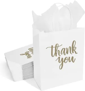 DjinnGlory 50 Pack Medium White Kraft Bags With Tissue Paper, Thank You Gift Bags With Handles 10x8x4 Inches for Birthday Wedding Baby Shower Party Favors Goodies, Merchandise Bulk