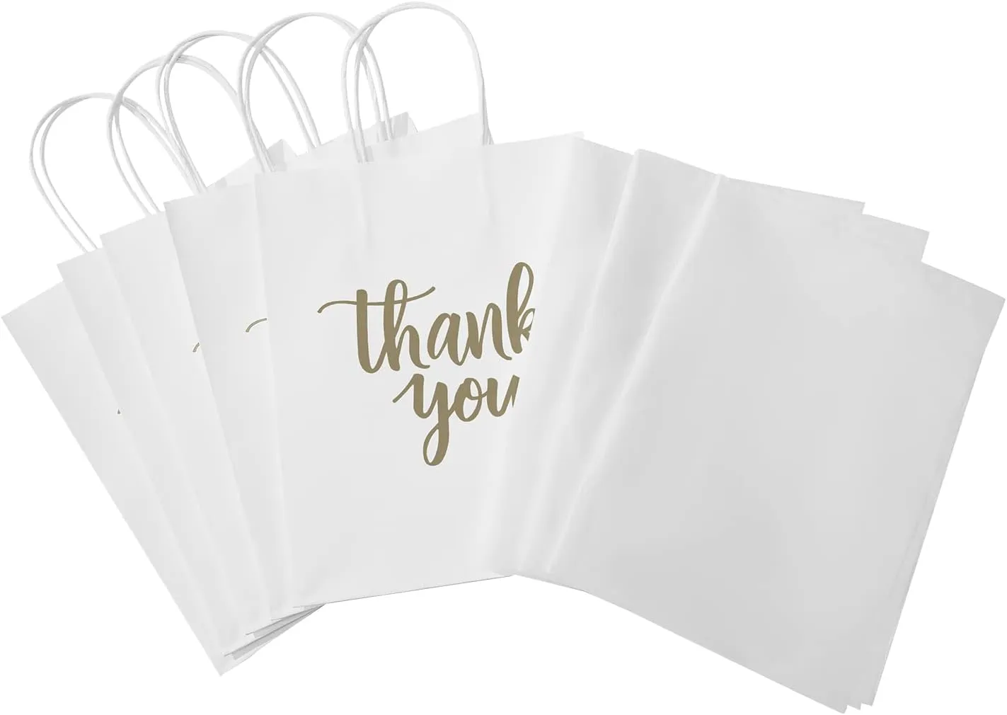 DjinnGlory 50 Pack Medium White Kraft Bags With Tissue Paper, Thank You Gift Bags With Handles 10x8x4 Inches for Birthday Wedding Baby Shower Party Favors Goodies, Merchandise Bulk