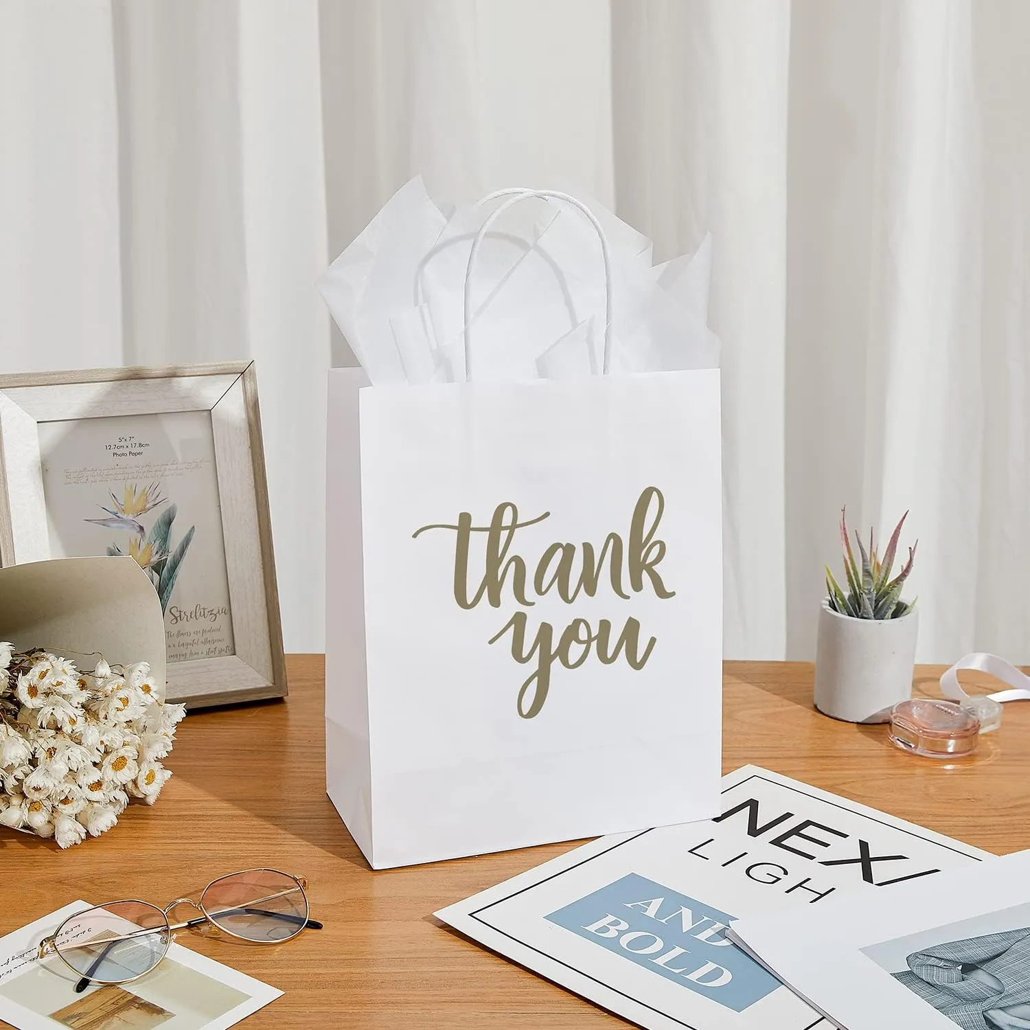 DjinnGlory 50 Pack Medium White Kraft Bags With Tissue Paper, Thank You Gift Bags With Handles 10x8x4 Inches for Birthday Wedding Baby Shower Party Favors Goodies, Merchandise Bulk
