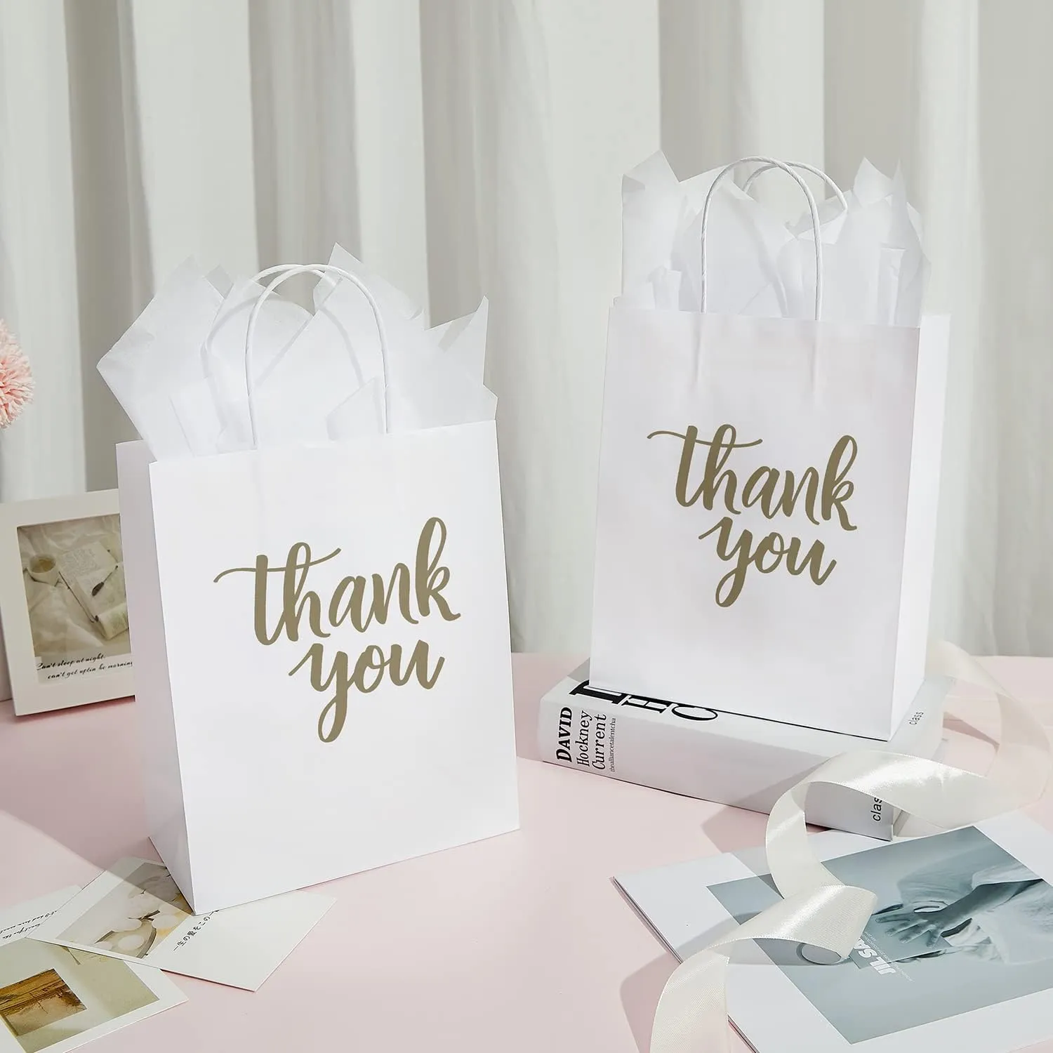 DjinnGlory 50 Pack Medium White Kraft Bags With Tissue Paper, Thank You Gift Bags With Handles 10x8x4 Inches for Birthday Wedding Baby Shower Party Favors Goodies, Merchandise Bulk