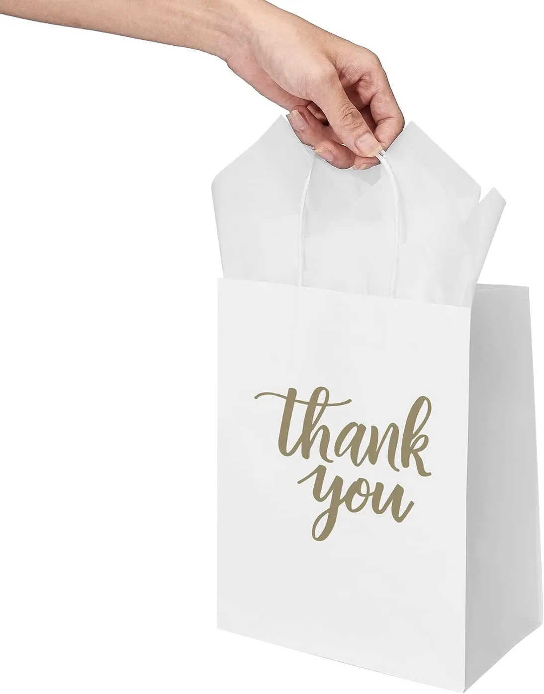 DjinnGlory 50 Pack Medium White Kraft Bags With Tissue Paper, Thank You Gift Bags With Handles 10x8x4 Inches for Birthday Wedding Baby Shower Party Favors Goodies, Merchandise Bulk
