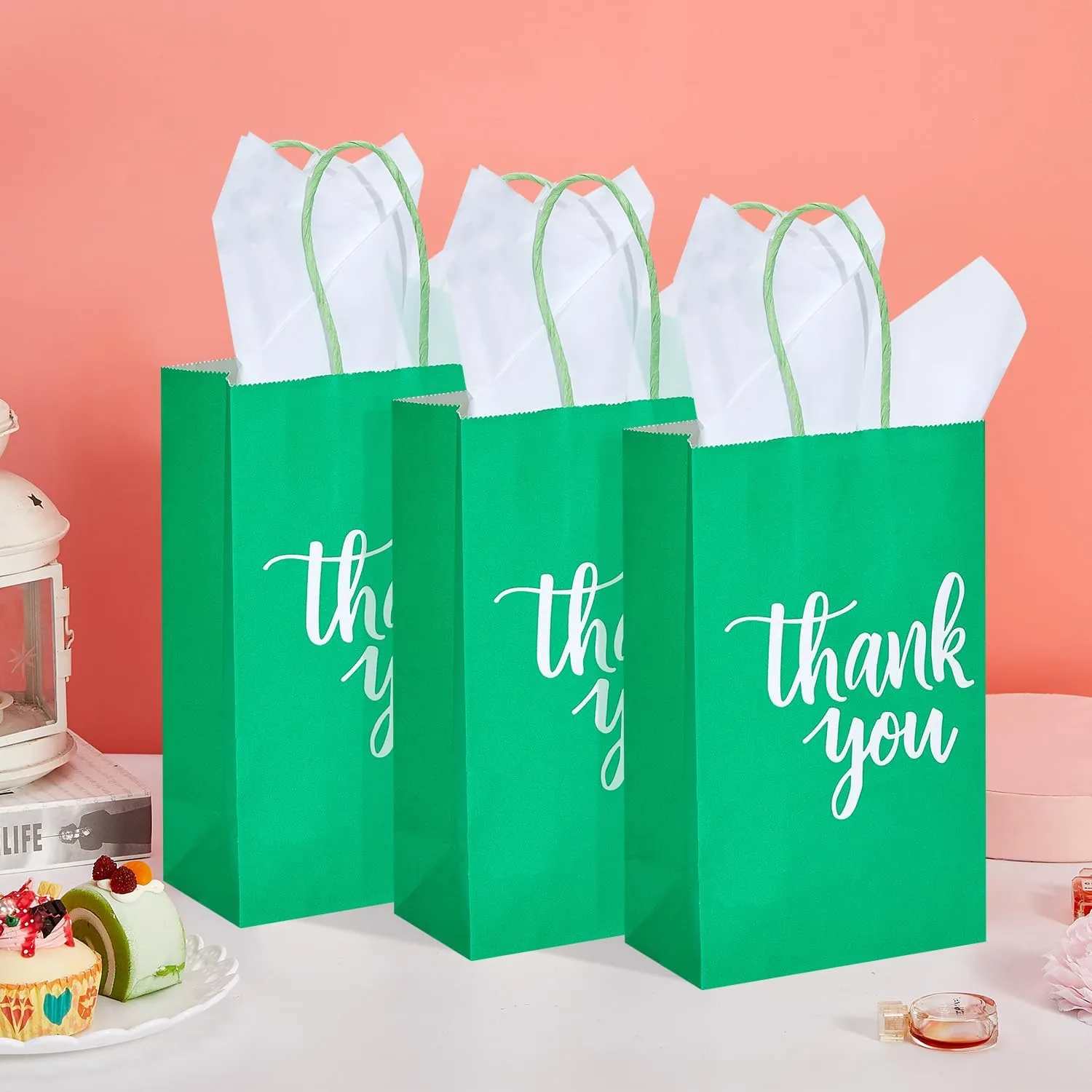 DjinnGlory 50 Pack Small Green Gift Bags with Handles & 50 White Tissue Paper - Thank You Paper Bags for Christmas, Baby Showers, Parties, Boutiques, 9x5.5x3.15 Inch