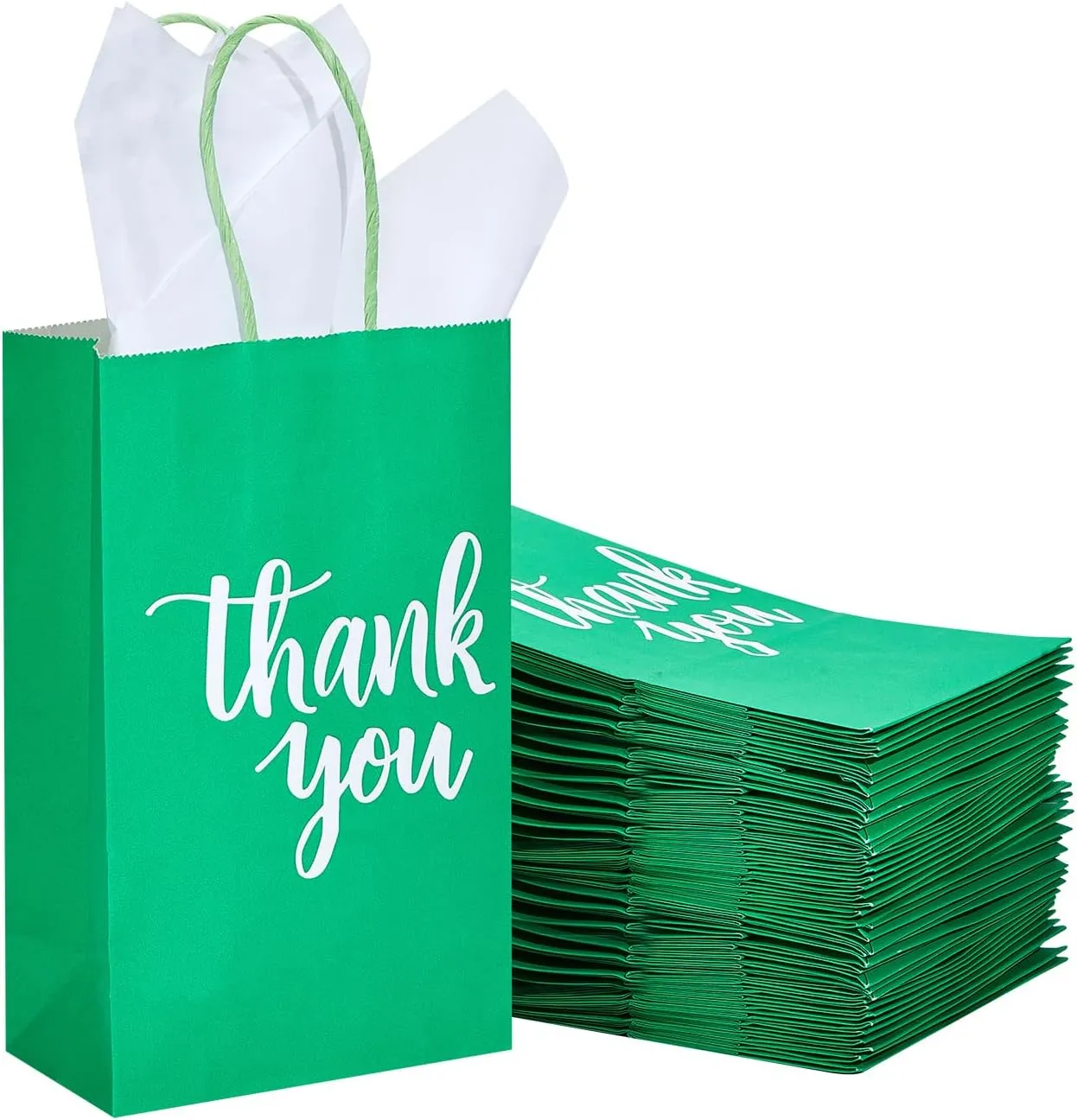DjinnGlory 50 Pack Small Green Gift Bags with Handles & 50 White Tissue Paper - Thank You Paper Bags for Christmas, Baby Showers, Parties, Boutiques, 9x5.5x3.15 Inch