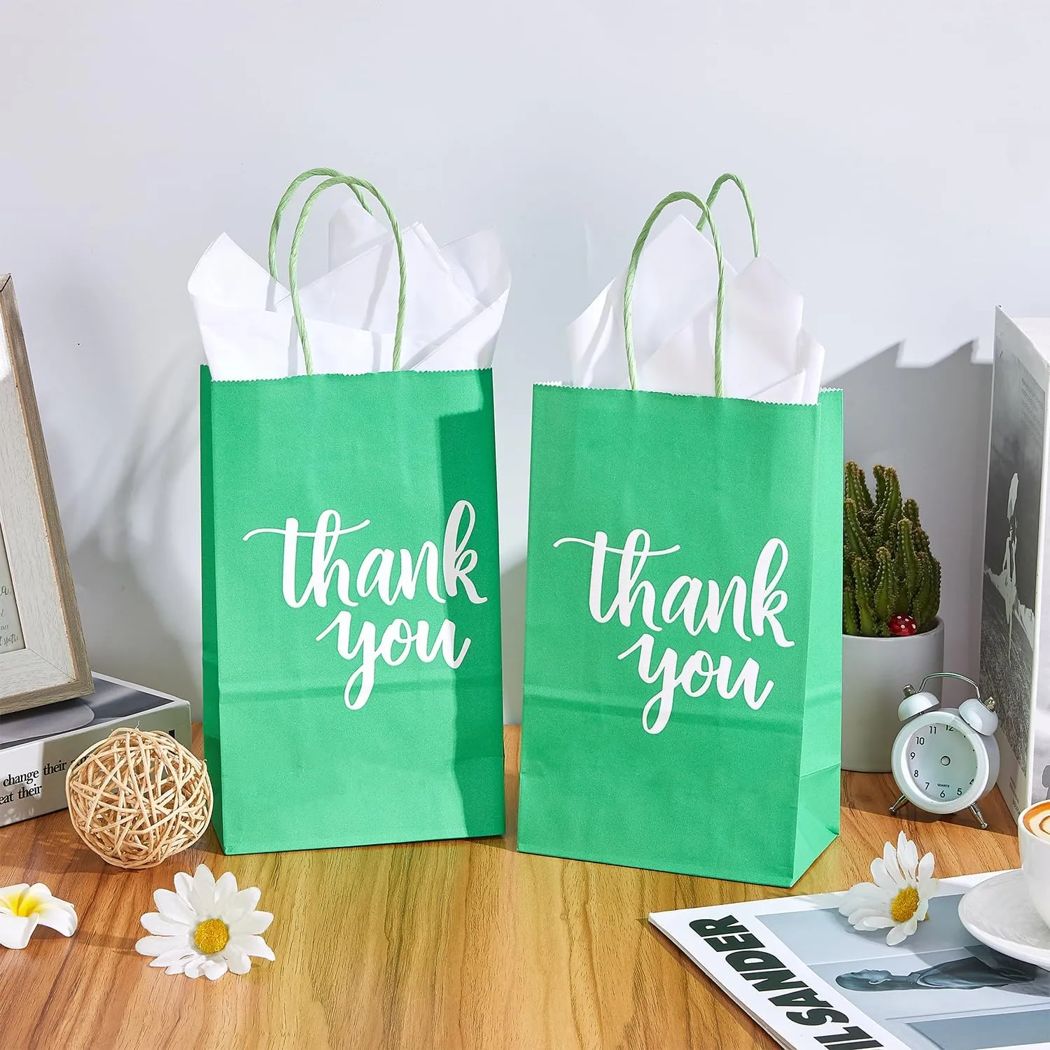DjinnGlory 50 Pack Small Green Gift Bags with Handles & 50 White Tissue Paper - Thank You Paper Bags for Christmas, Baby Showers, Parties, Boutiques, 9x5.5x3.15 Inch