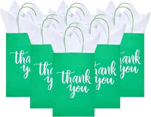 DjinnGlory 50 Pack Small Green Gift Bags with Handles & 50 White Tissue Paper - Thank You Paper Bags for Christmas, Baby Showers, Parties, Boutiques, 9x5.5x3.15 Inch