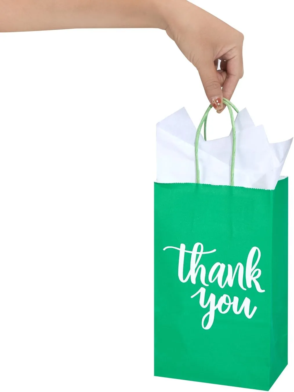 DjinnGlory 50 Pack Small Green Gift Bags with Handles & 50 White Tissue Paper - Thank You Paper Bags for Christmas, Baby Showers, Parties, Boutiques, 9x5.5x3.15 Inch