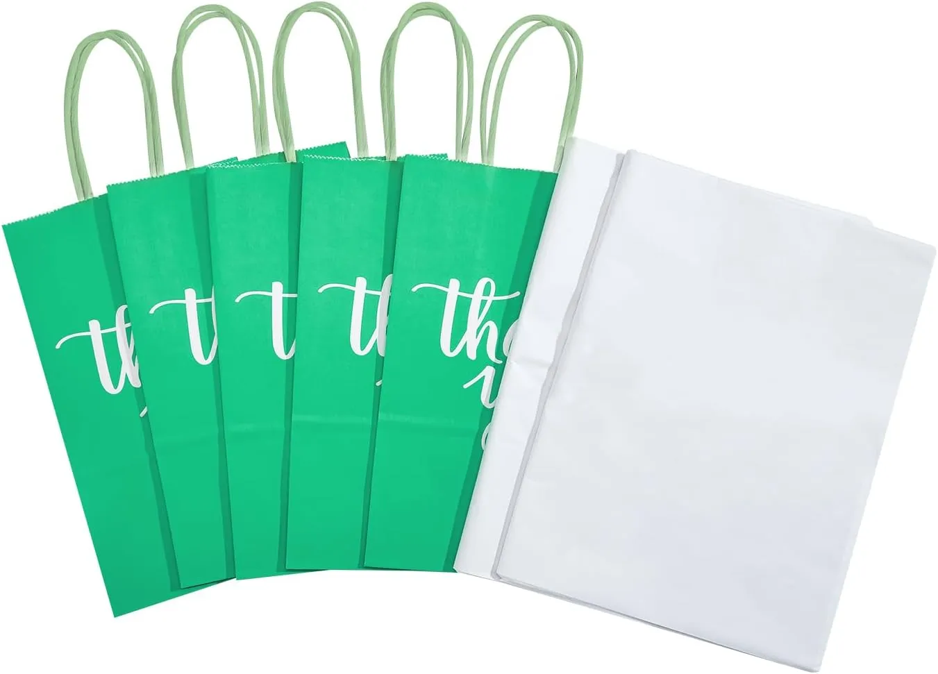 DjinnGlory 50 Pack Small Green Gift Bags with Handles & 50 White Tissue Paper - Thank You Paper Bags for Christmas, Baby Showers, Parties, Boutiques, 9x5.5x3.15 Inch