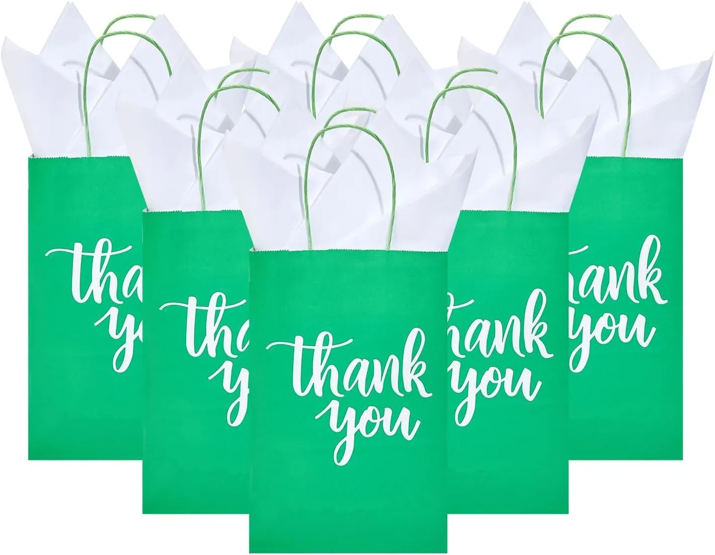 DjinnGlory 50 Pack Small Green Gift Bags with Handles & 50 White Tissue Paper - Thank You Paper Bags for Christmas, Baby Showers, Parties, Boutiques, 9x5.5x3.15 Inch